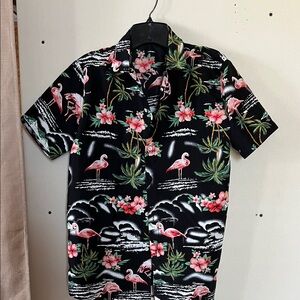 Men's Black Flamingo Print Short-Sleeve Camp Shirt